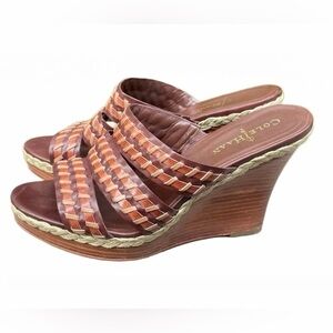 COLE HAAN stitch wedge brown heal leather espadrille slides shoes 7.5B
